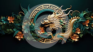 Traditional green with gold chinese dragon. New Year of the Dragon 2024