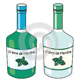 Traditional green and white sweet French Creme de Mente mint liqueurs in a bottle. Doodle cartoon hipster style vector photo