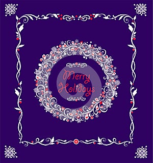 Traditional greeting Xmas card with paper cutting decoration wreath of mistletoe, snowflakes and red berries