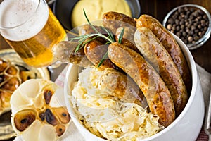 Traditional Grilled Sausages with Cabbage Salad, Mustard and Beer