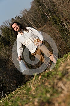 Traditional grower with milk can and bread photo