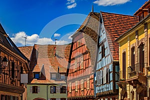Traditional half timbered houses on the Alsatian Wine Route, Kaysersberg, France