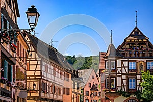 Traditional half timbered houses on the Alsatian Wine Route, Kaysersberg, France