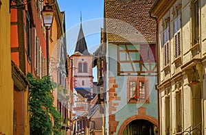 Traditional half timbered houses on the Alsatian Wine Route in Riquewihr, France