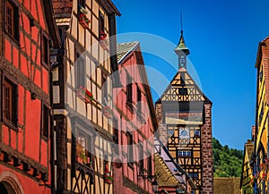 Traditional half timbered houses on the Alsatian Wine Route in Riquewihr, France