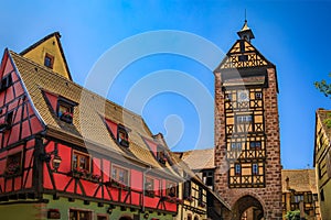 Traditional half timbered houses on the Alsatian Wine Route in Riquewihr, France