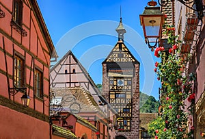 Traditional half timbered houses on the Alsatian Wine Route in Riquewihr, France