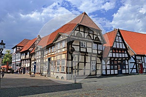 Traditional Half-timbered Houses around the Market Square of the Historic Town of Nienburg, Lower Saxony, Germany