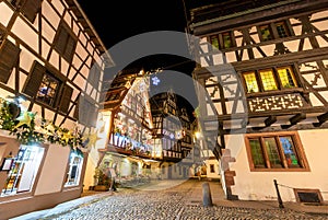 Traditional half-timbered houses in La Petite France at night, Strasbourg, Alsace, France