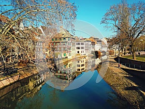 Traditional half-timbered houses on picturesque canals in La Petite France, Strasbourg