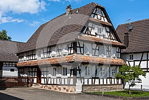 Traditional half-timbered houses in the streets of Hunspach, Alsace