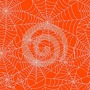 Traditional Halloween spider web seamless pattern.  Black hand-drawn cobwebs crossing on orange background. Repeating vector