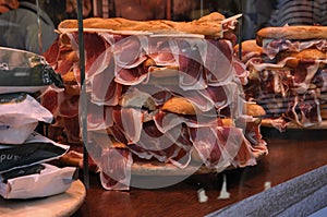 Traditional Ham Sandwich display in Viandas Shop of Salamanca City. Spain.