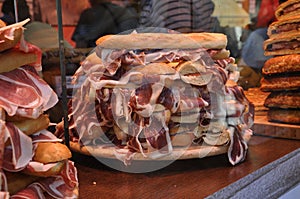 Traditional Ham Sandwich in Viandas Shop from Downtown of Salamanca City. Spain.