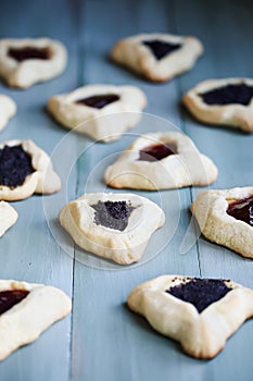 Traditional hamantaschen cookies filled with mohn paste and plum jam