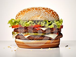 Traditional hamburger on white shiny surface, close-up. photo