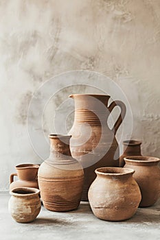 Traditional hand-made clay or ceramic products such as vases, jugs, cups in sunlight. Assortments craft pottery