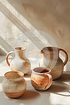 Traditional hand-made clay or ceramic products such as vases, jugs, cups in sunlight. Assortments craft pottery