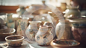 Traditional Hand-Painted Ceramic Pottery Collection in Sunlit Workshop
