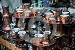 Traditional handcrafted copper coffee cups in Sarajevo