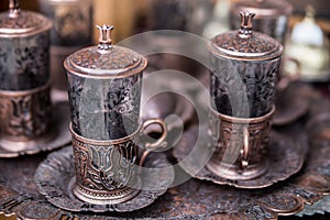 Traditional handcrafted copper coffee cups in Sarajevo