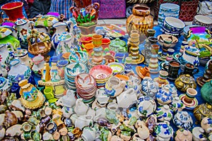 Traditional handmade mayan glasses, with adobe painted in colors, fair of san anadres xecul photo