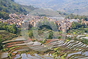 Traditional Hani village at Yuanyang rice terraces in Yunnan