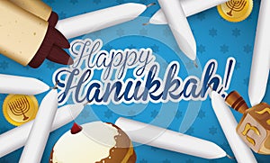 Traditional Hanukkah Candles, Scroll, Sufganiyah, Dreidel and Gelts, Illustration