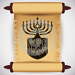 Traditional Hanukkah Elements on Scroll, Vector Illustration