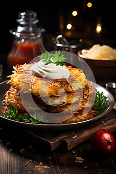 Traditional Hanukkah golden latkes, served with applesauce and sour cream