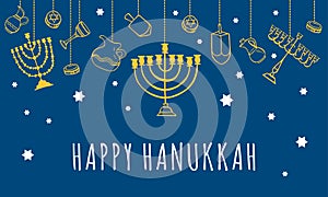 Traditional Hanukkah objects hanging on the top of the page. Greeting card design template. Hand drawn outline sketch illustration