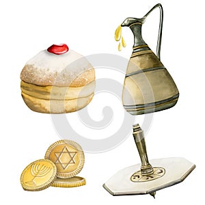 Traditional Hanukkah symbols, elements set. Hand drawn watercolor illustration on white. Chanukkah donut, dreidel, savivon, coins