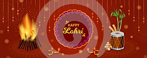 Traditional Happy Lohri Horizontal background design. Dhol, Bamboo, harvest and ladoo. Realistic digital graphic. Punjabi festival