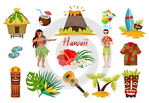 Traditional Hawaiian Symbols with Hibiscus Flower, Bungalow, Surfboard, Tiki Tribal Mask, Ukulele, Exotic Cocktails Big