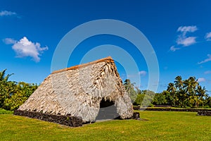 Traditional Hawaiian thatched house in Kahanu Garden, Maui