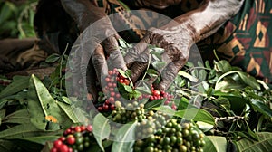 A traditional healers hands expertly crush a mix of leaves and berries combining different plant parts to create a photo