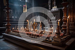 traditional hindu temple with burning incense and flickering candles