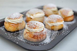 traditional home made swedish semlor pastry on a table