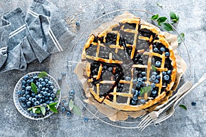 Traditional homemade american blueberry pie with lattice pastry