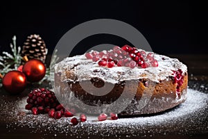 traditional homemade christmas cake with pomegranate powdering