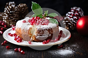 traditional homemade christmas cake with pomegranate powdering