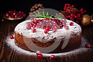 traditional homemade christmas cake with pomegranate powdering