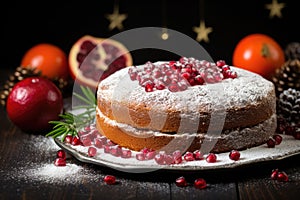 traditional homemade christmas cake with pomegranate powdering