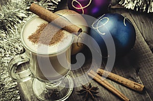 Traditional Homemade Eggnog Cocktail with christmas decoration/Traditional Homemade Eggnog Cocktail with christmas decoration. Top