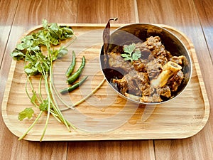 Traditional Homemade Healthy Mutton Curry and Mutton Kosha, non-vegetarian food concept, Side View : Vancouver, British