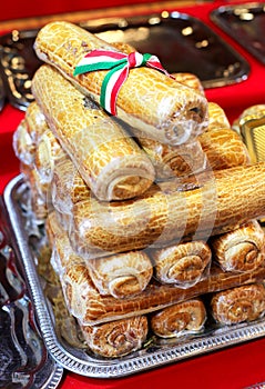 Traditional homemade hungarian poppy seeds cake on christmas fair for sale