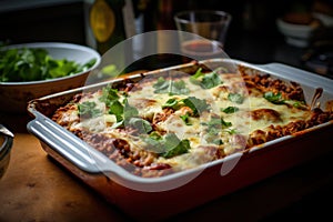 Traditional homemade italian lasagna with bolognese sauce with greens just out of the oven