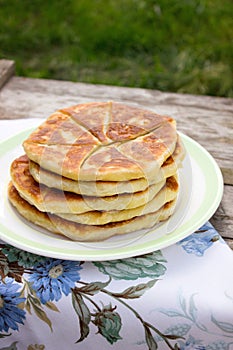 Traditional homemade Romanian and Moldovan pies - Placinta. Rustic style, selective focus.