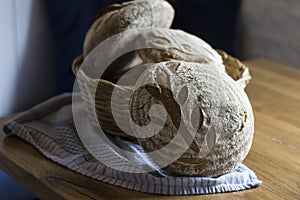 Traditional homemade Sourdough bread in the basket photo