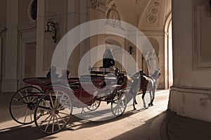 Traditional horse riding in a horse-drawn Fiaker. Vienna, Austria.